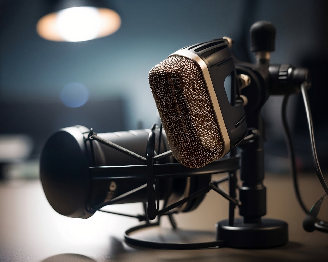 Студийный микрофон стоит на столе