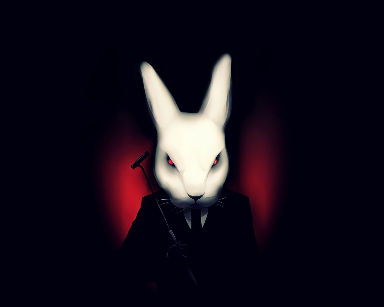 Белый кролик в костюме на черном фоне
