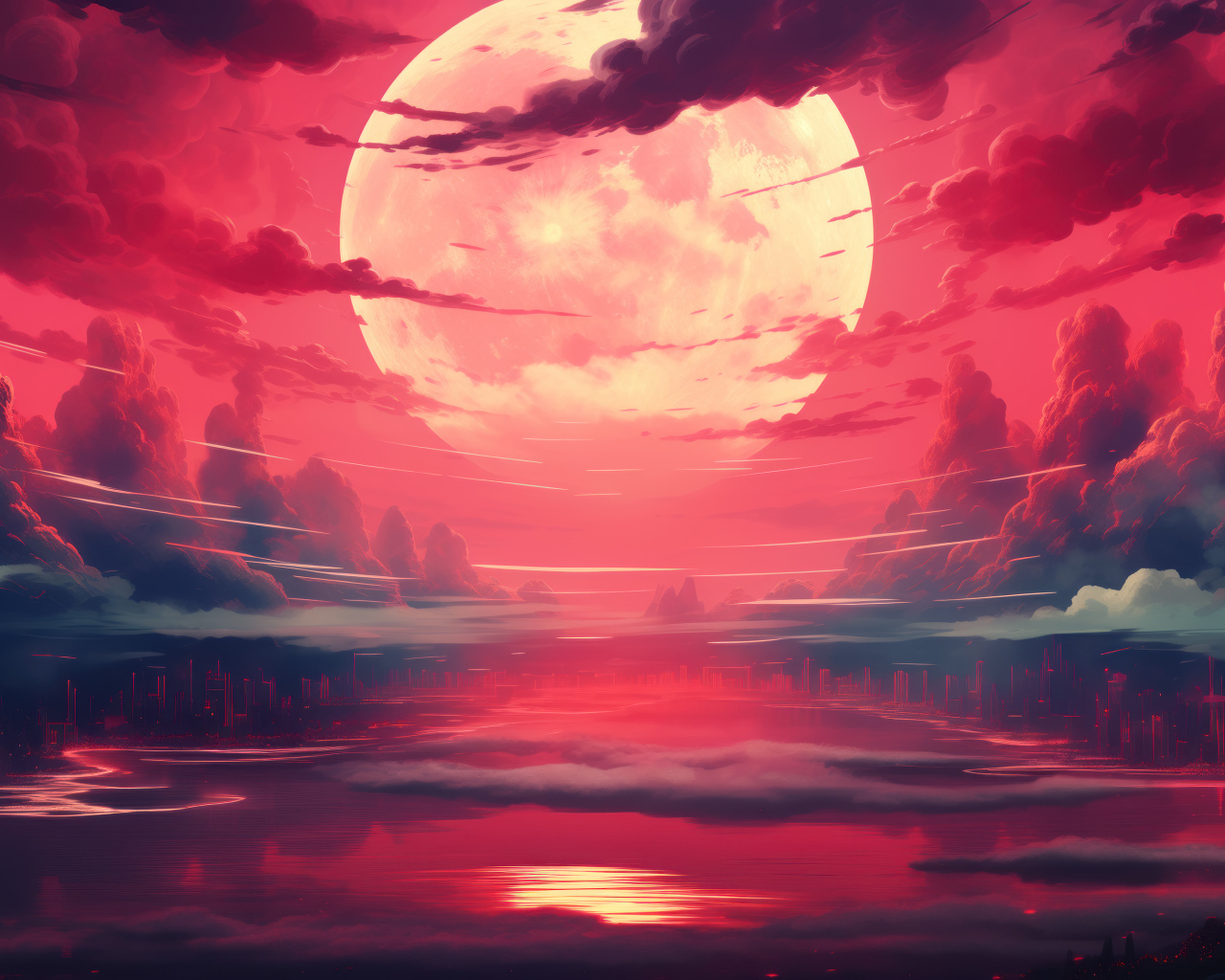 Большая белая луна в красном небе