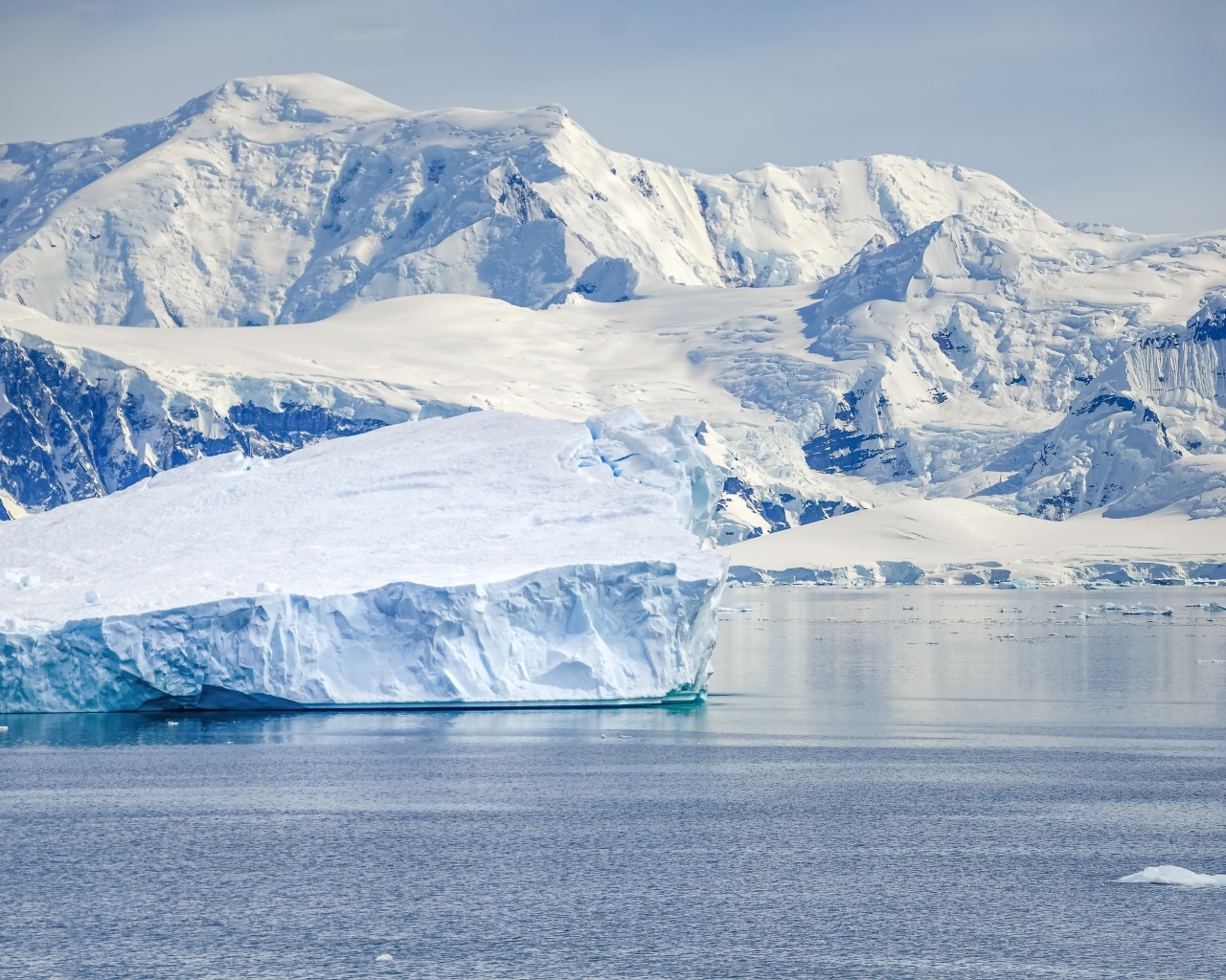 Большой айсберг у берега с заснеженными горами