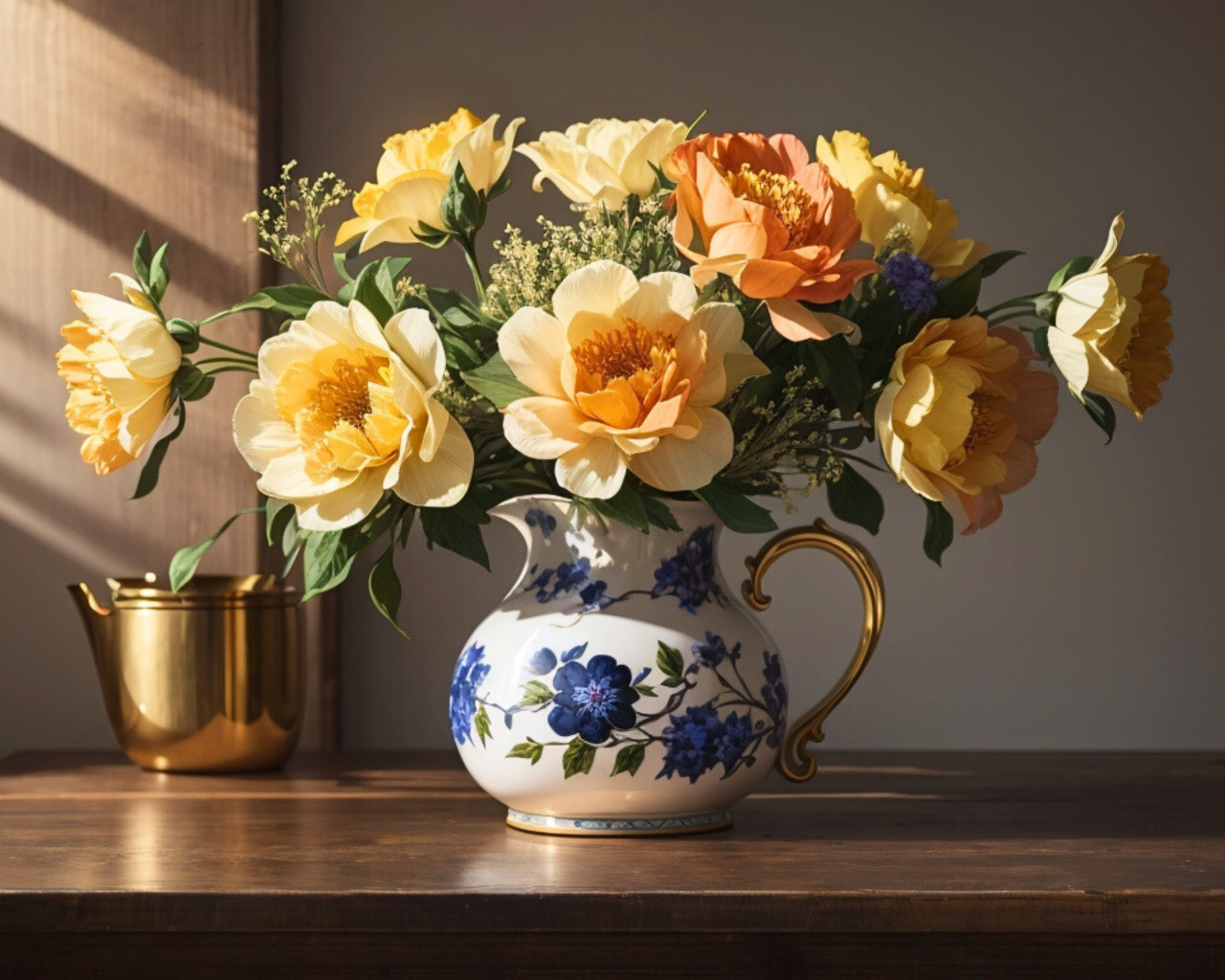 Букет красивых оранжевых цветов в кувшине на столе