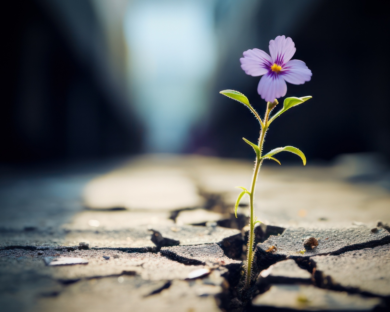 Маленький сиреневый цветок пробивается из сухой земли