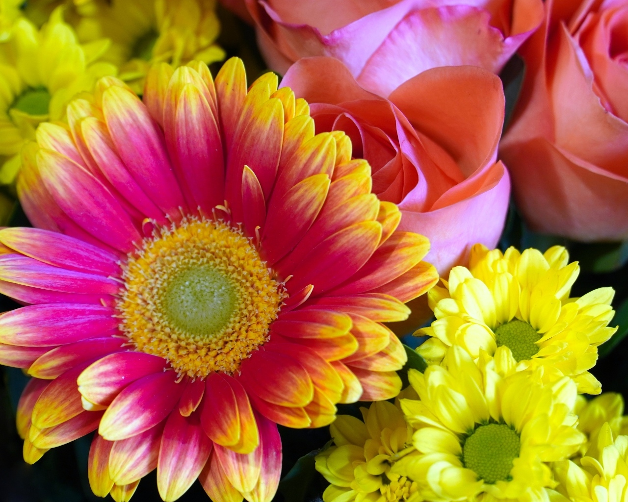 Красивый букет из цветов хризантемы и розы