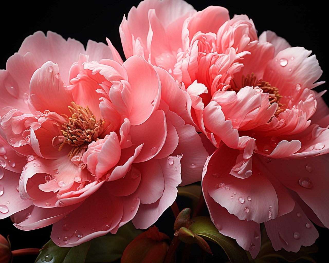 Красивые розовые пионы в каплях воды