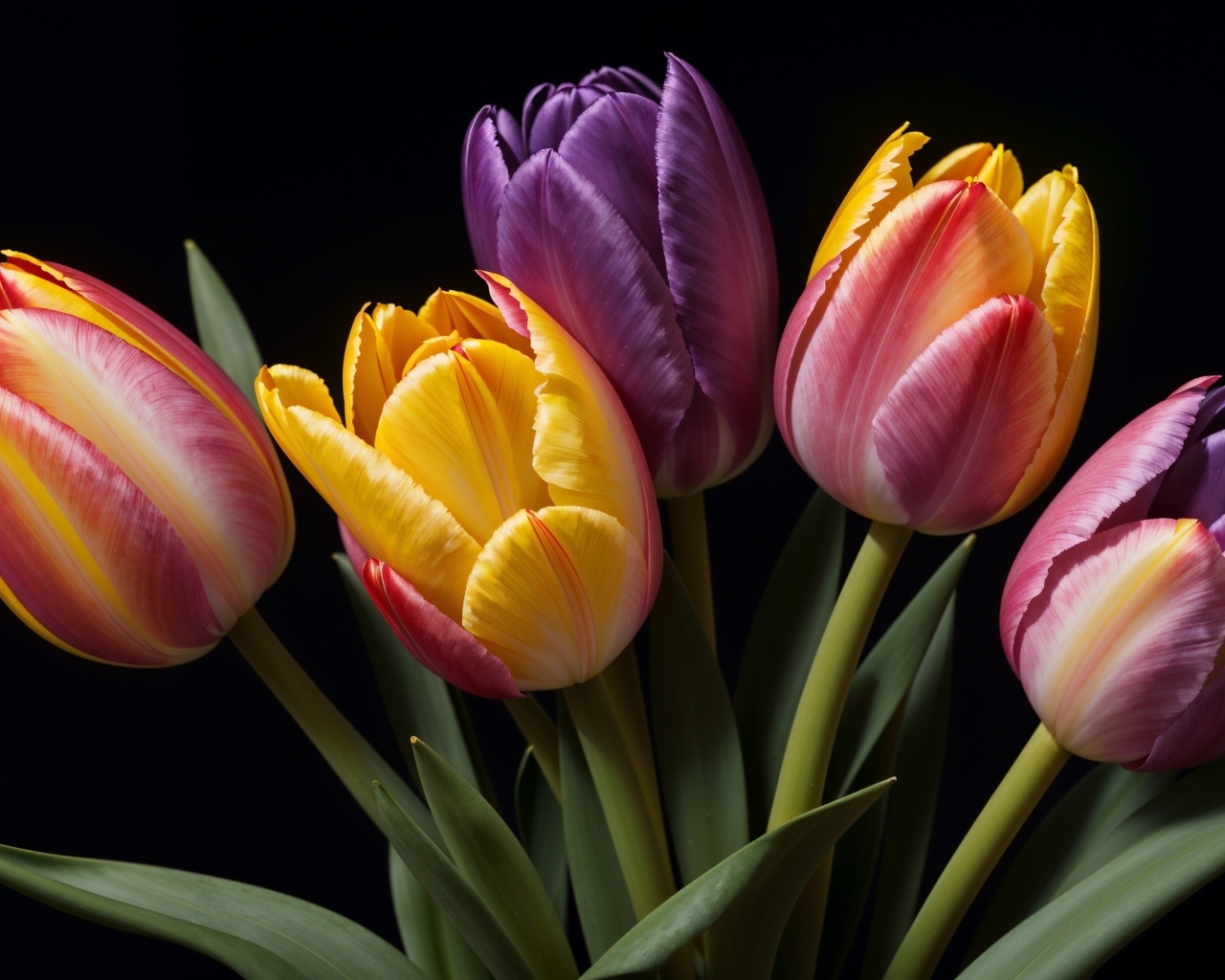 Букет разноцветных тюльпанов на черном фоне