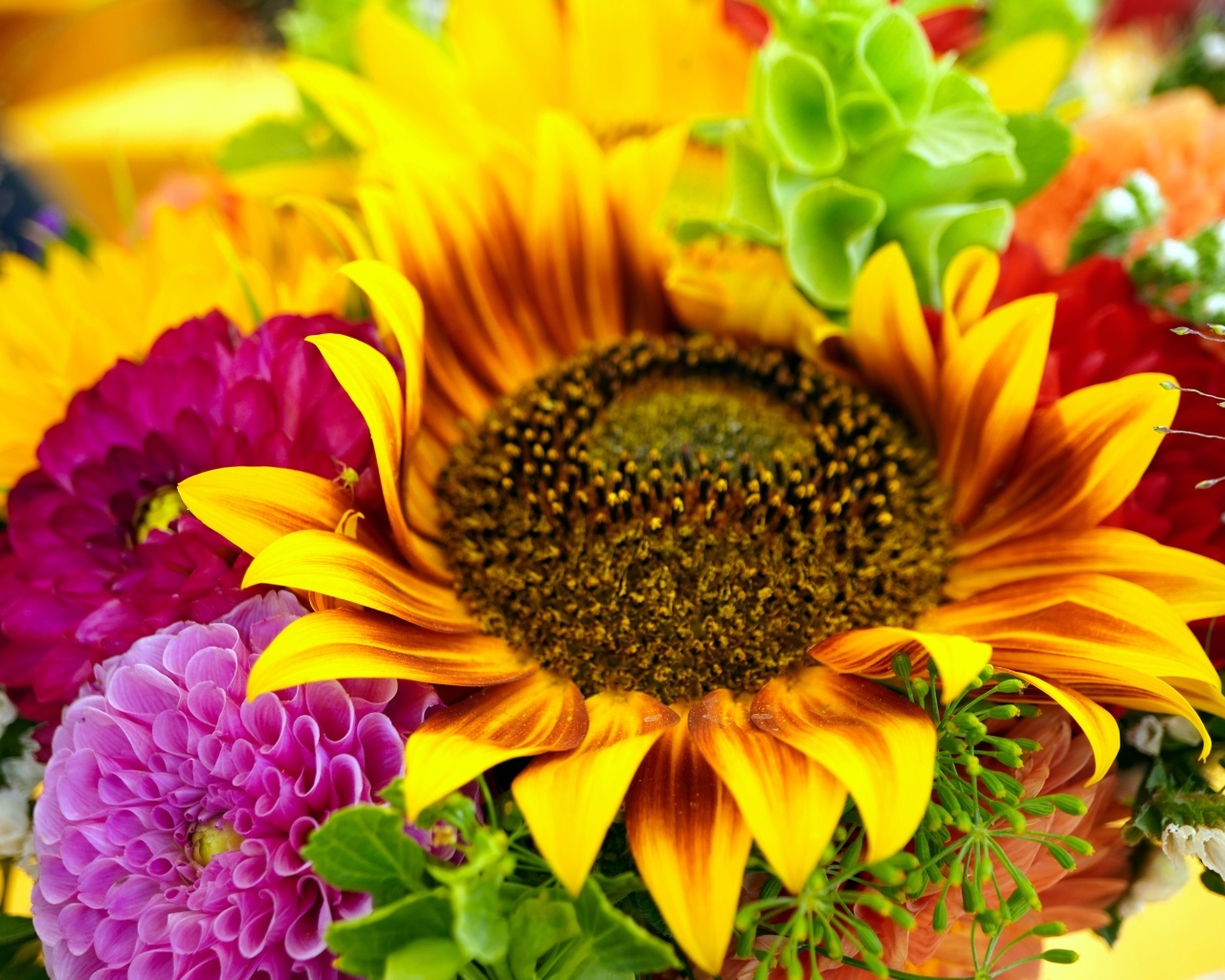 Букет с цветами подсолнуха и георгины