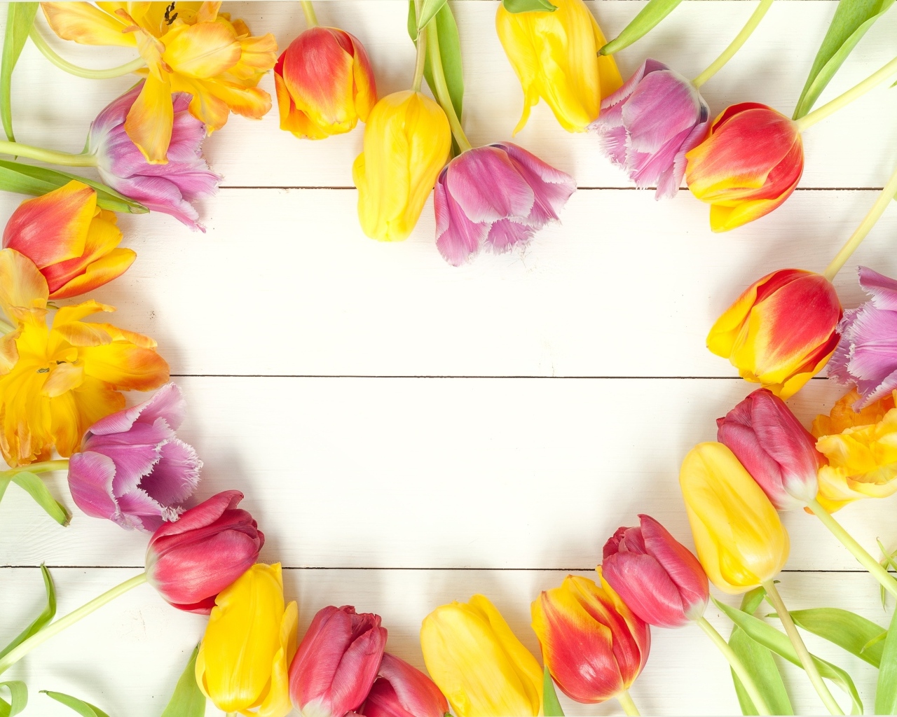 Сердце из разноцветных тюльпанов на белом столе