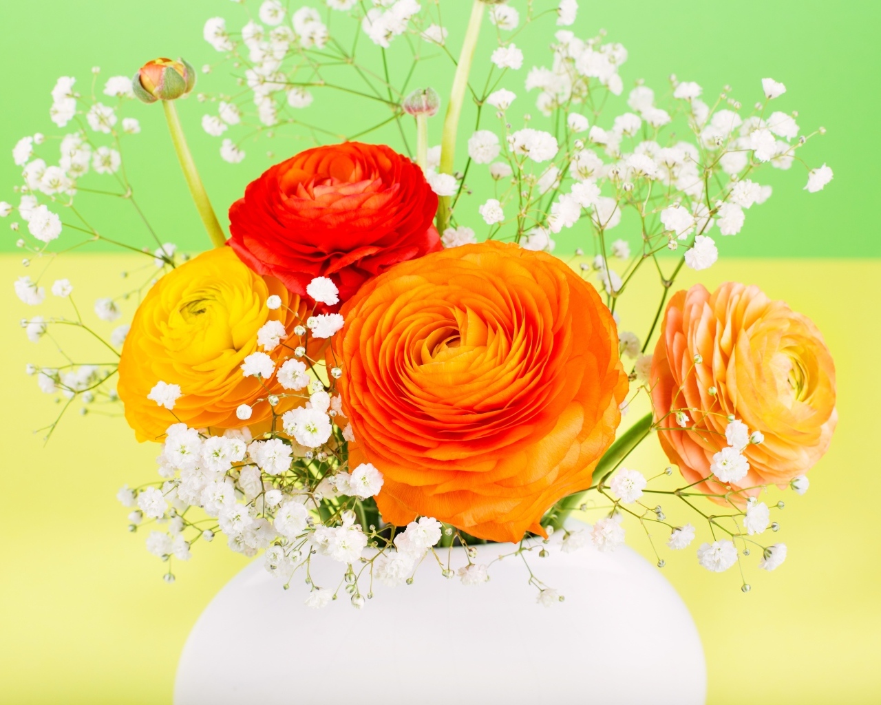 Оранжевые лютики с белыми цветами гипсофилы