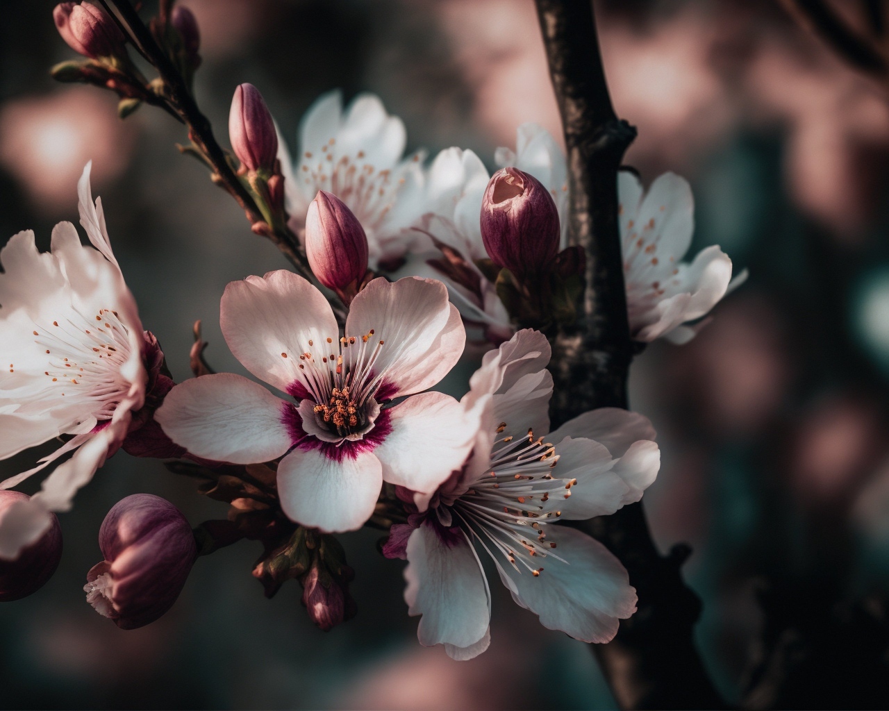 Розовые цветы персика на ветке весной