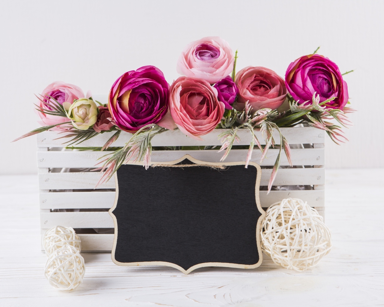 Розовые цветы лютика в белом ящике с рамкой