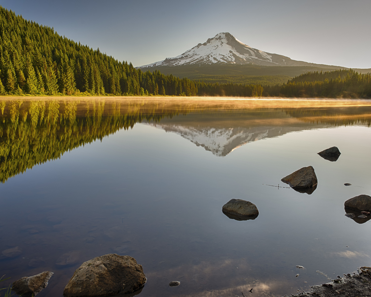 Красивый вид на озеро, лес и заснеженную гору