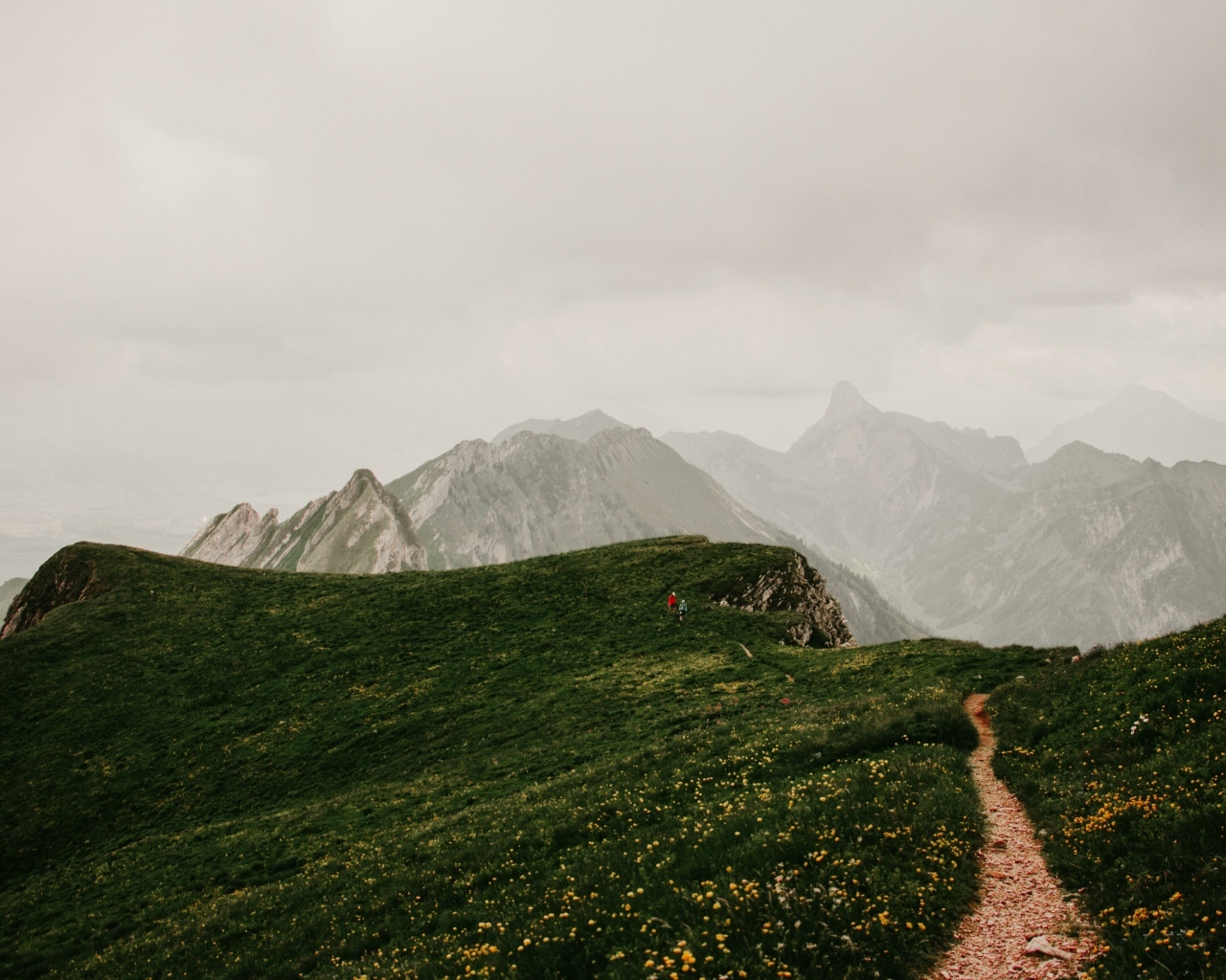 Тропа в покрытых зеленой травой горах