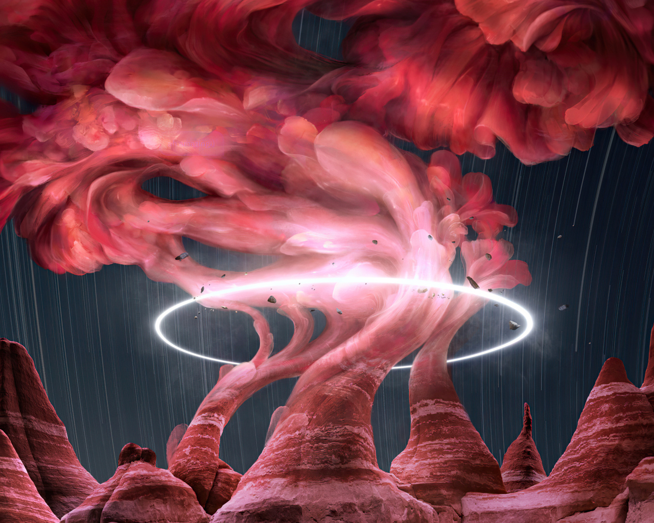 Красный дым над скалами