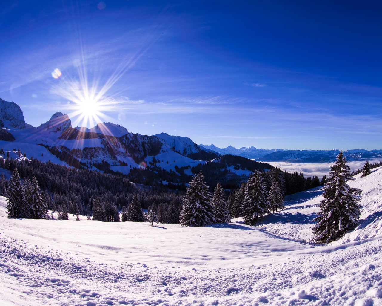 Яркое солнце освещает заснеженные альпы