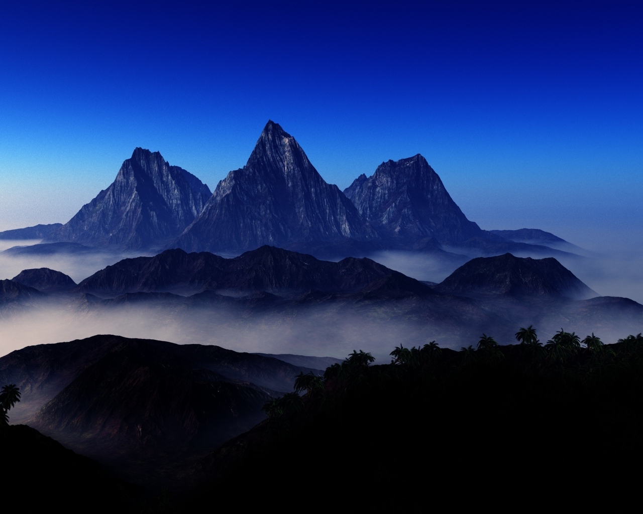 Три горные вершине в тумане