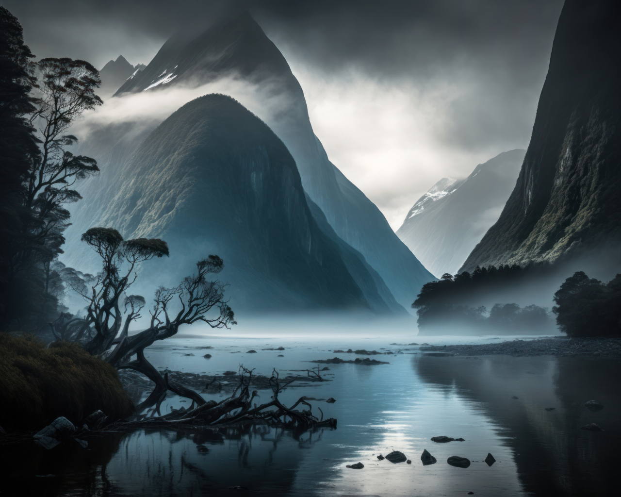 Белый туман над озером в горах