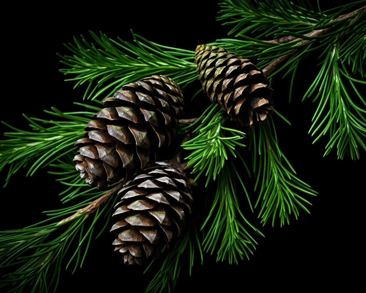 Большие шишки на зеленой ветке ели на черном фоне