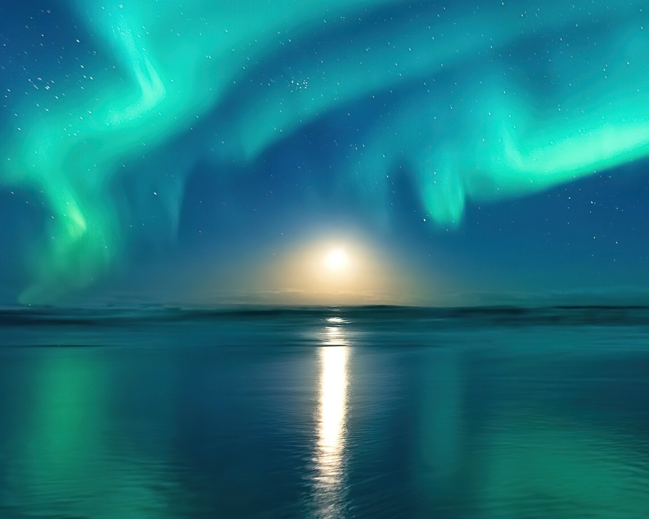 Красивое полярное сияние в небе над озером