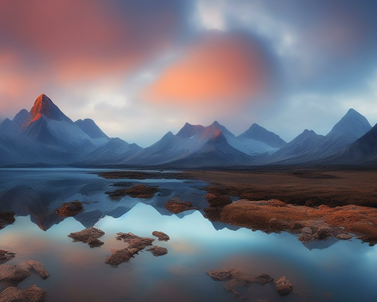 Холодное озеро в горах на рассвете