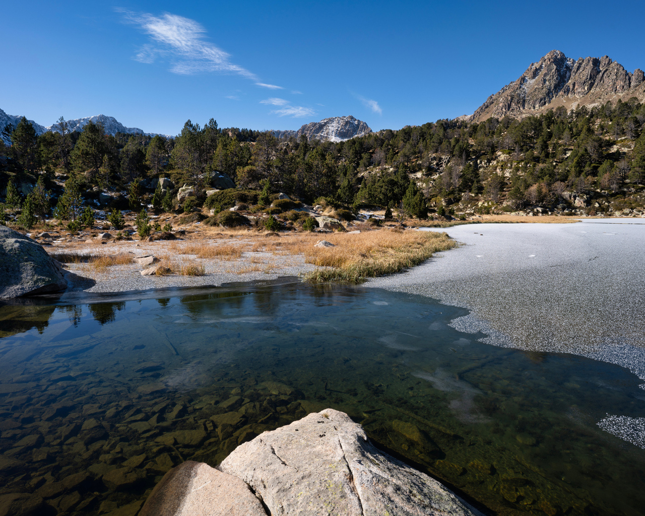 Покрытое льдом холодное горное озеро под голубым небом