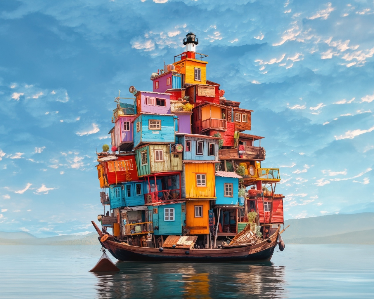 Маленькие разноцветные домики на лодке