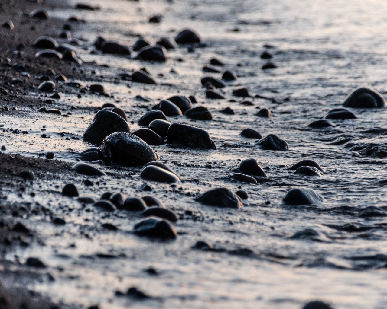 Мокрые камни на песке у моря