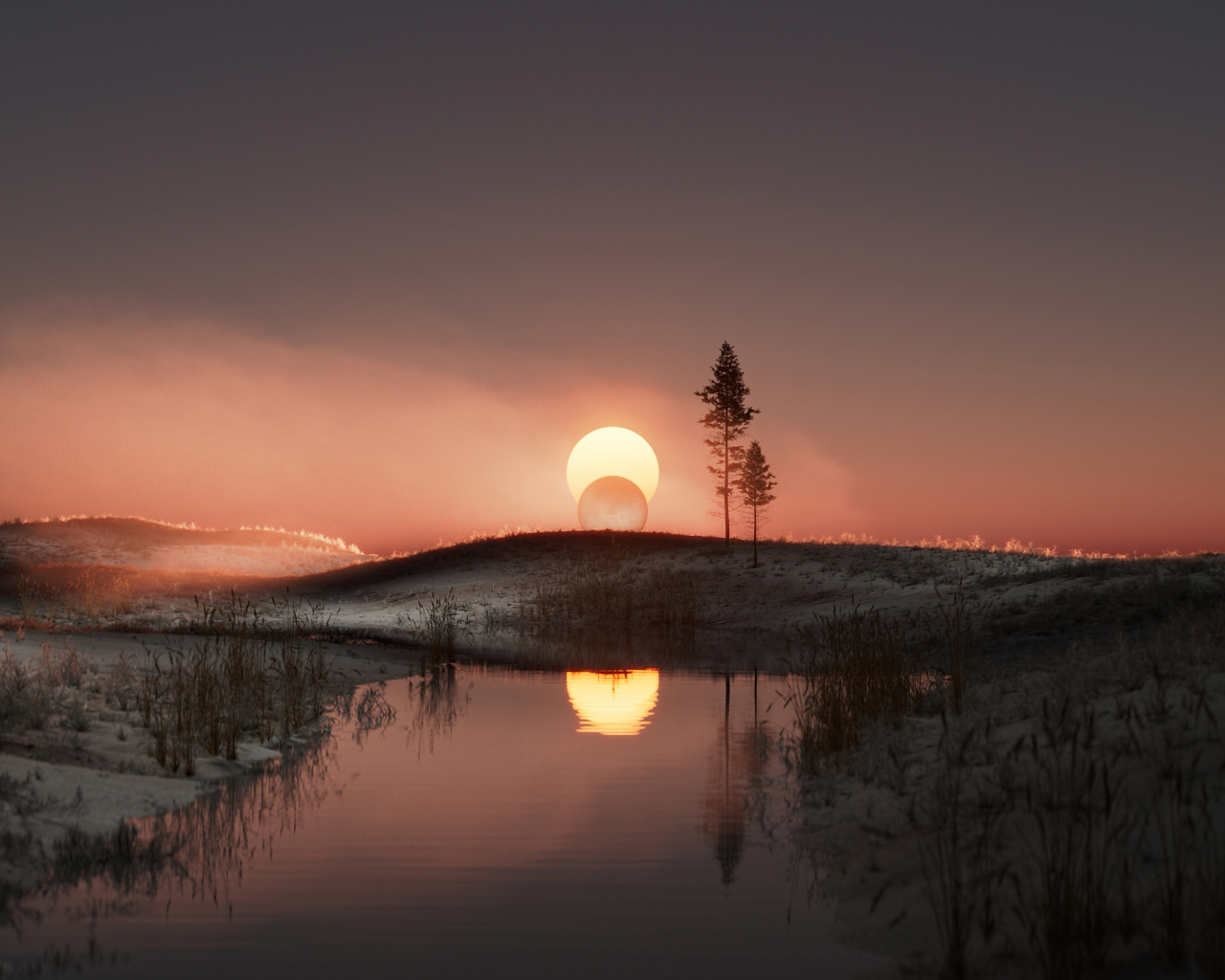 Закат солнца за холмом у реки