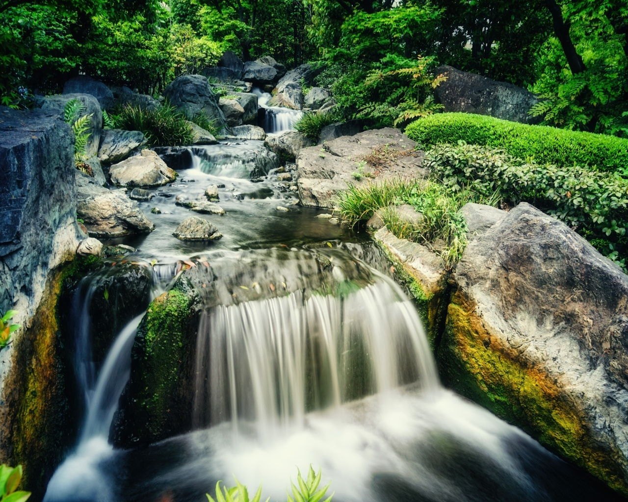Водопад стекает по камням лесной горной реки