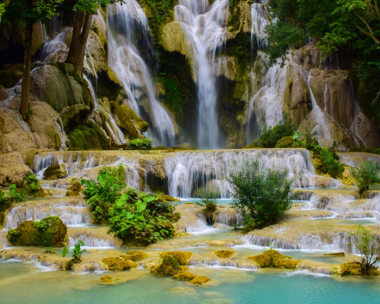 Красивый высокий водопад в лесу