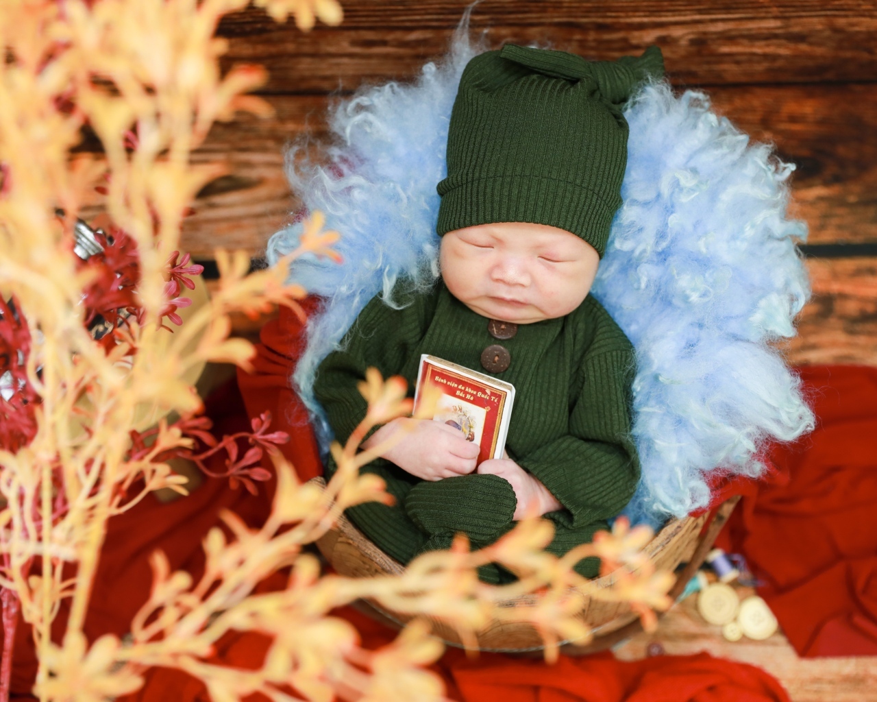 Ребенок спит в костюме с книгой