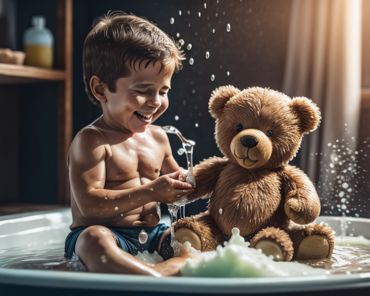 Маленький мальчик купается с игрушкой