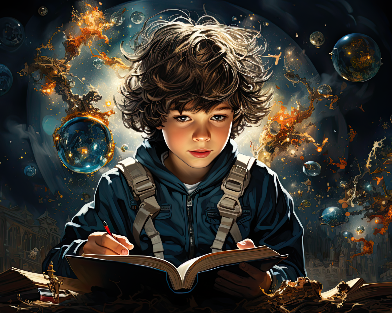 Маленький мальчик фантазер с книгой