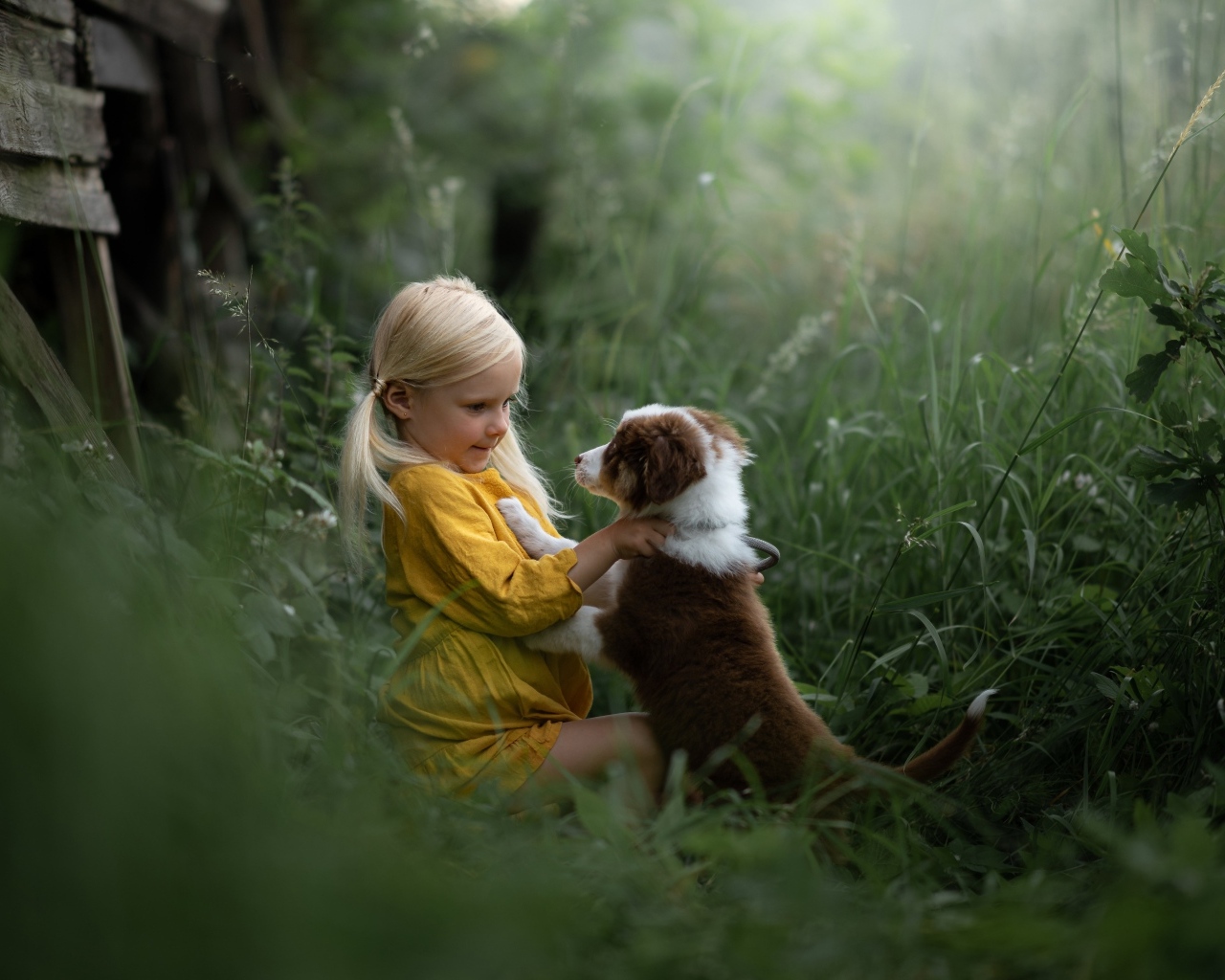 Маленькая девочка дружит со щенком