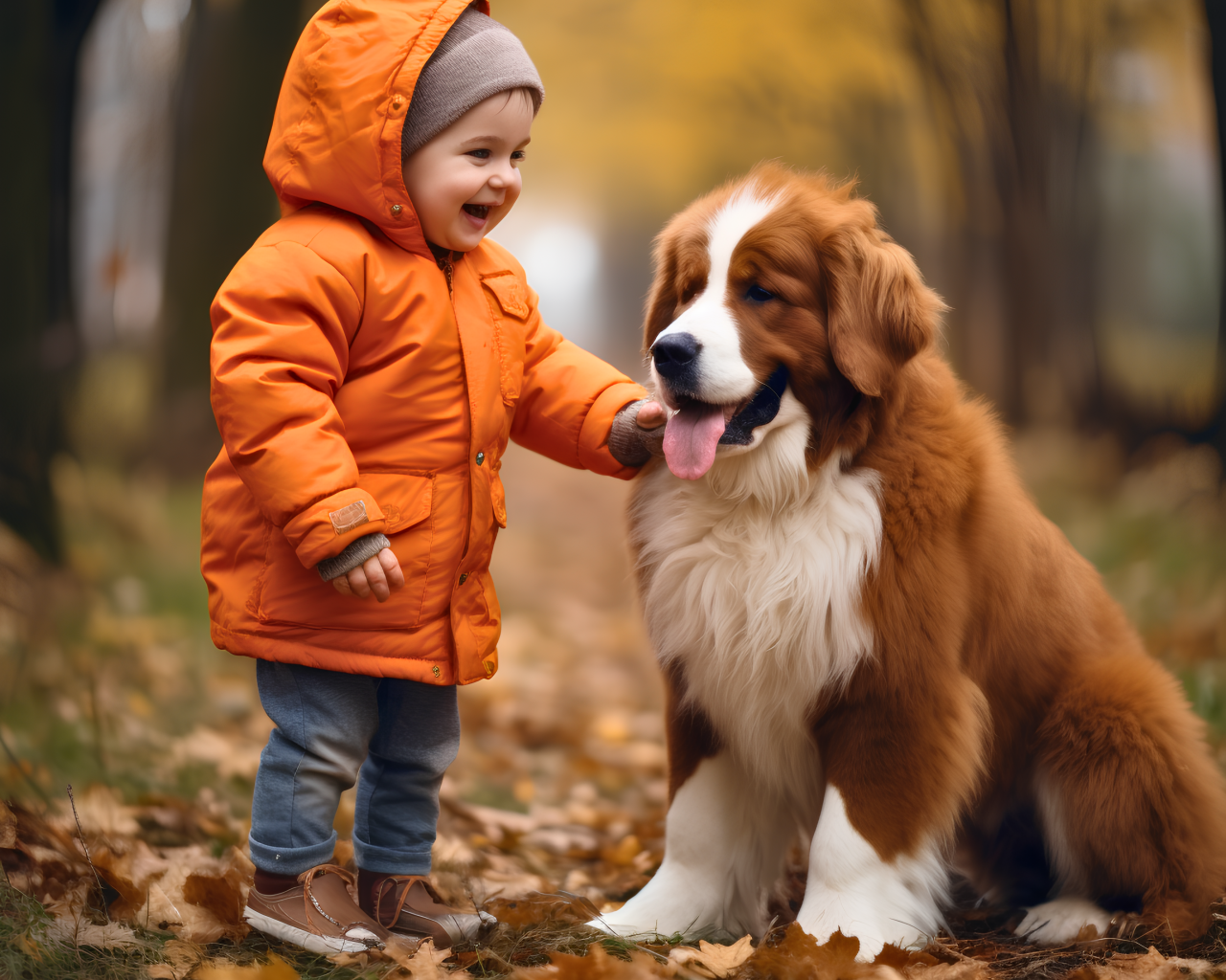 Маленькая девочка со щенком в парке осенью