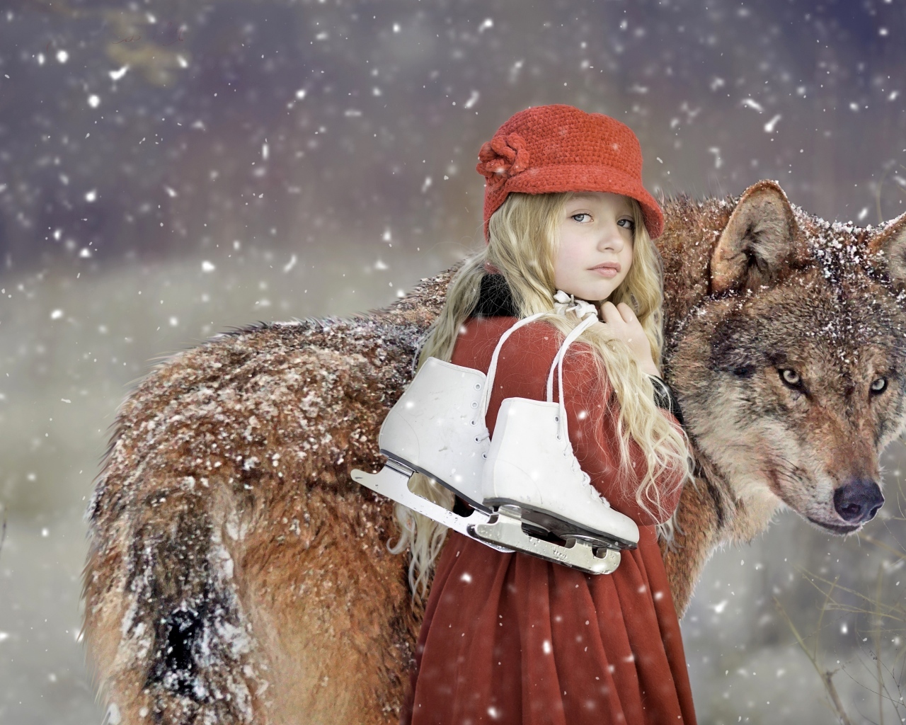 Маленькая девочка с волком зимой