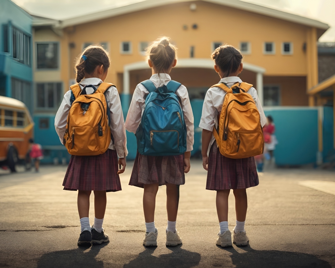 Три маленькие девочки школьницы с рюкзаками