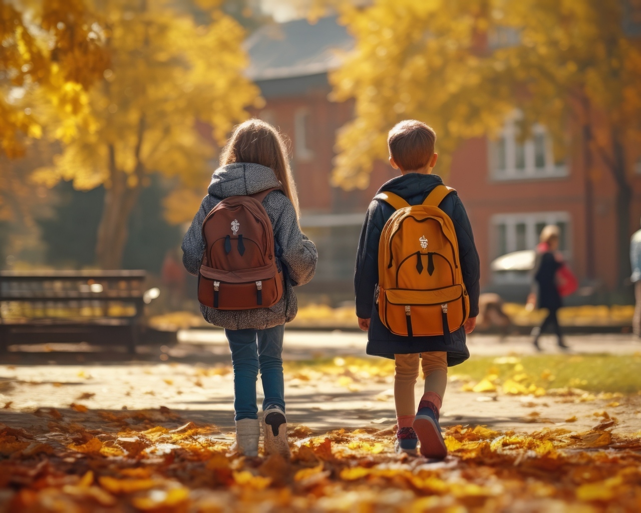 Двое детей школьников с рюкзаками на спине
