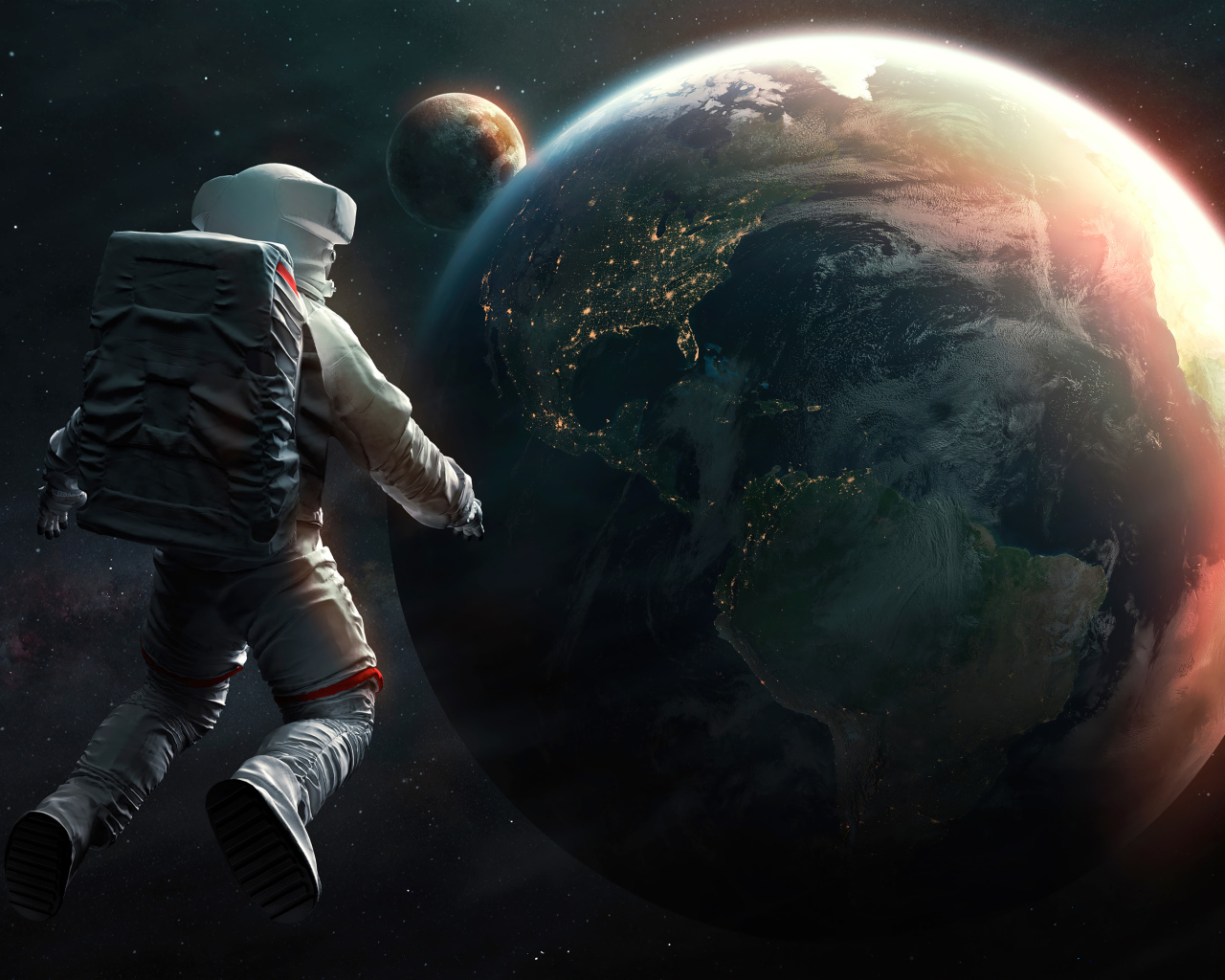 Астронавт смотрит на планету Земля из космоса