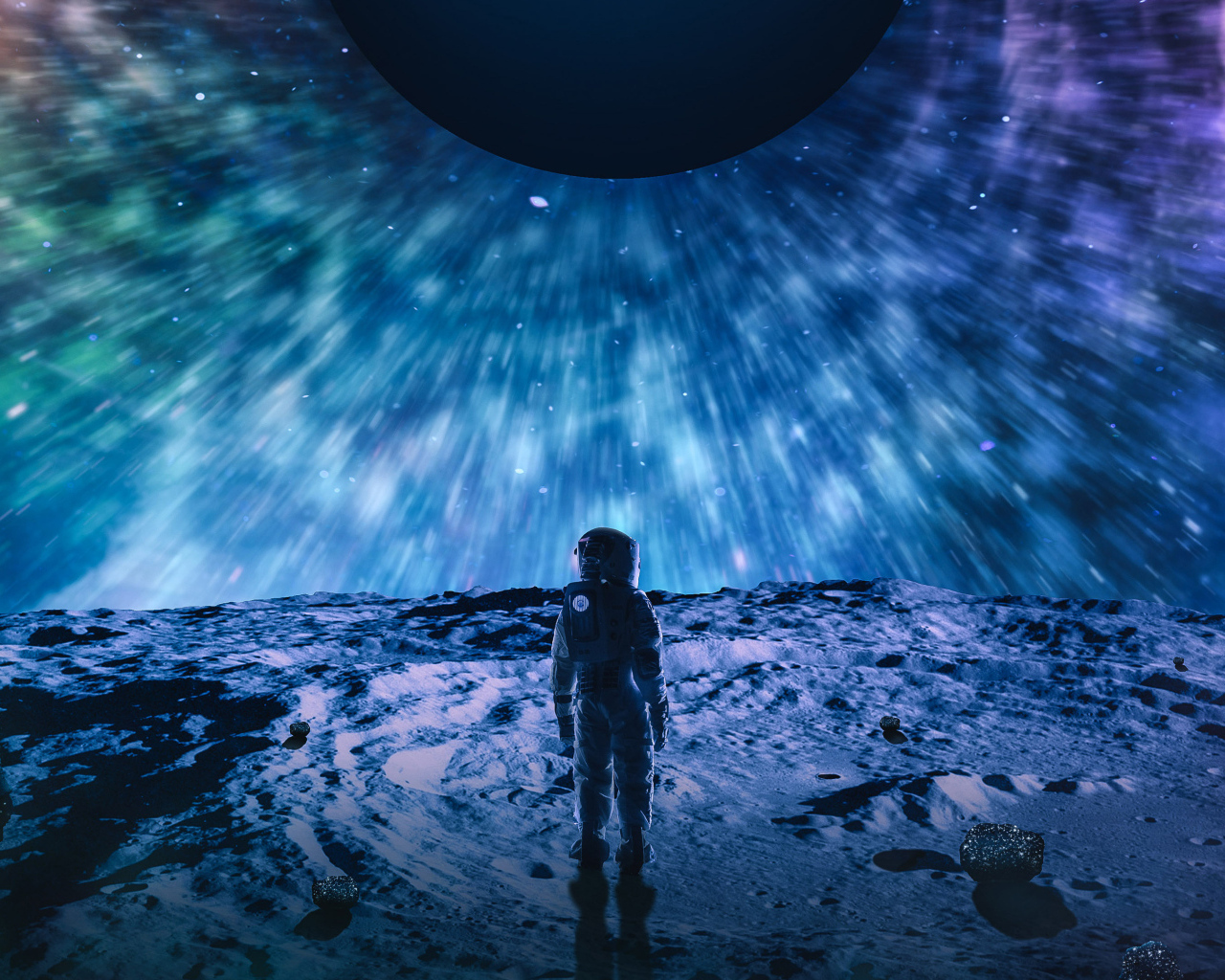 An astronaut stands on the surface of a planet in space