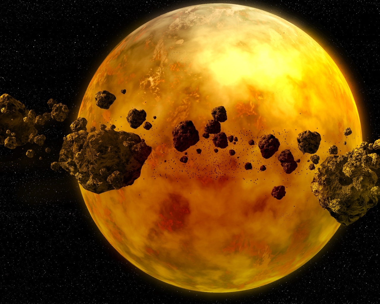 Астероиды летают вокруг желтой планеты