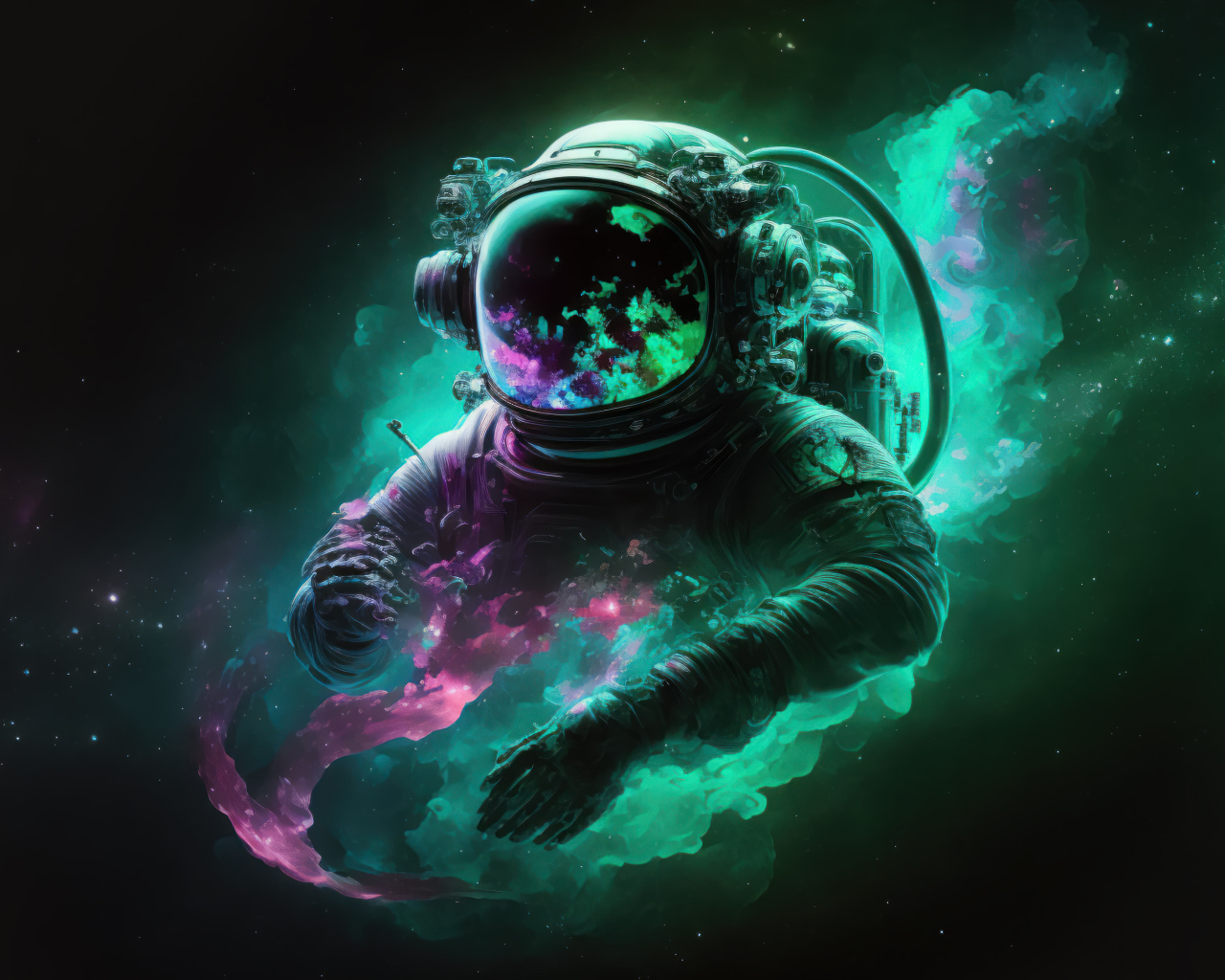 Астронавт в космосе в зеленом дыме