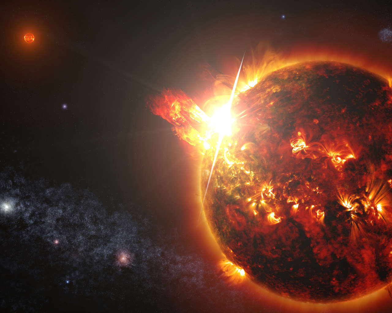 Вспышки на яркой огненной планете в космосе