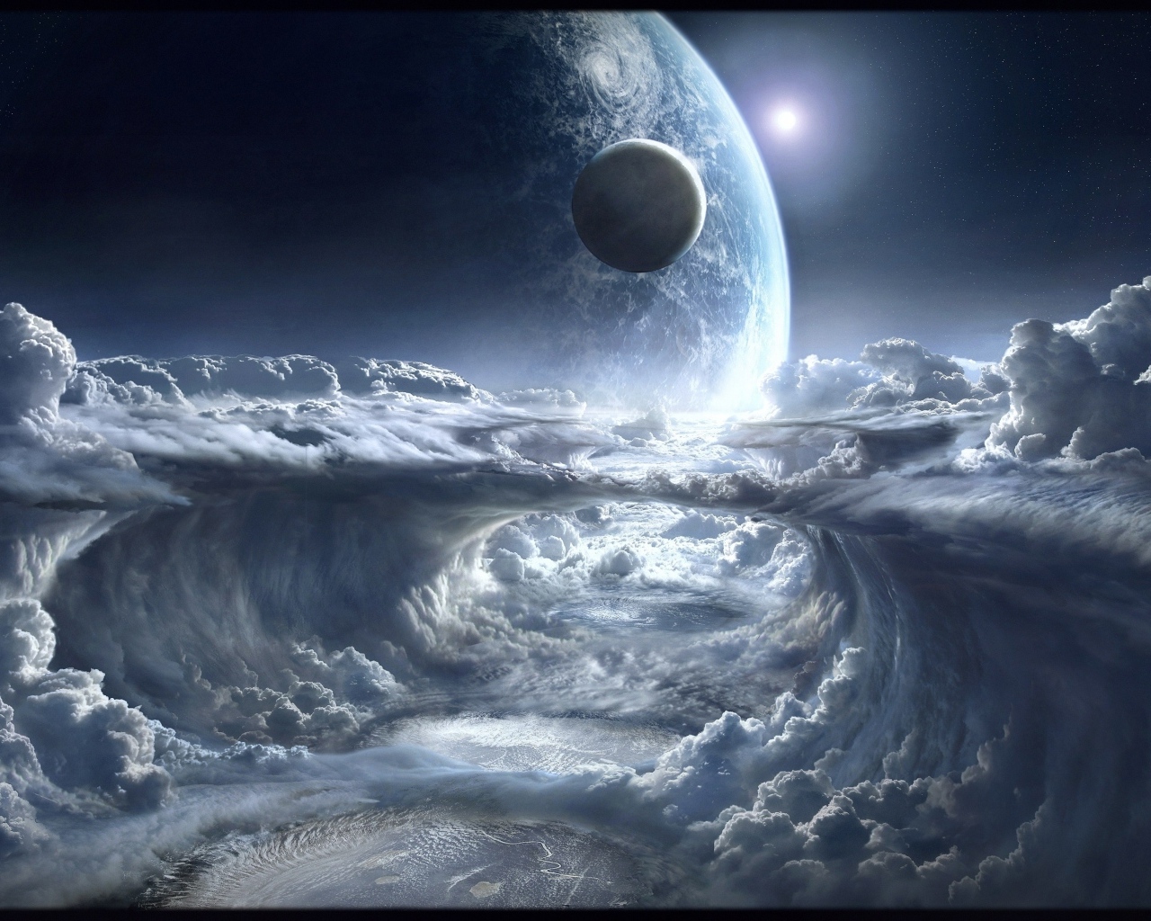 Планета над белыми облаками в космосе