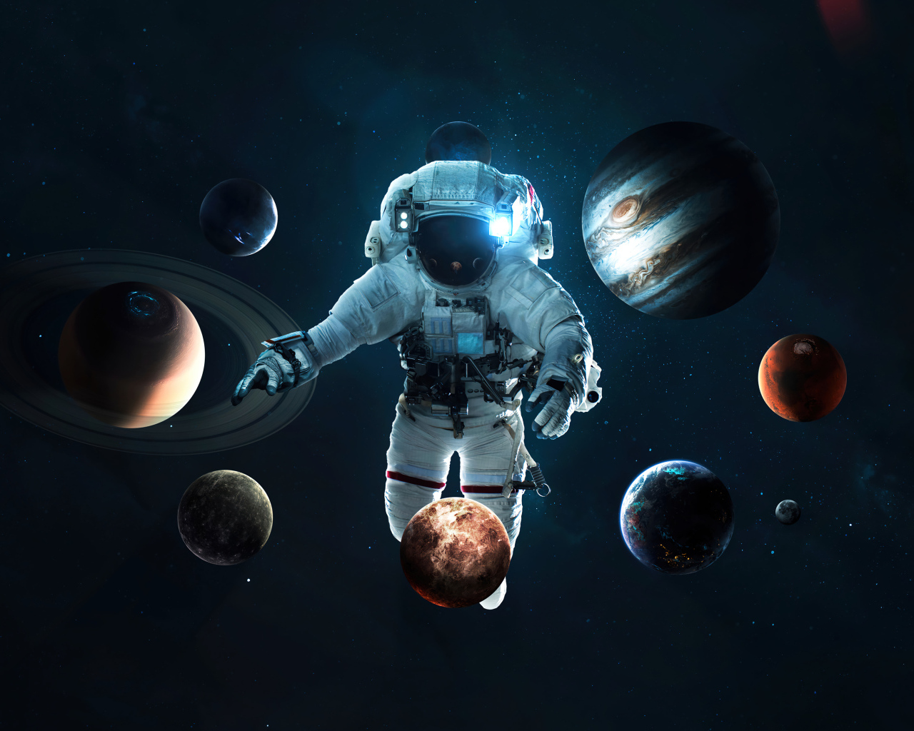 Планеты кружатся вокруг астронавта в космосе