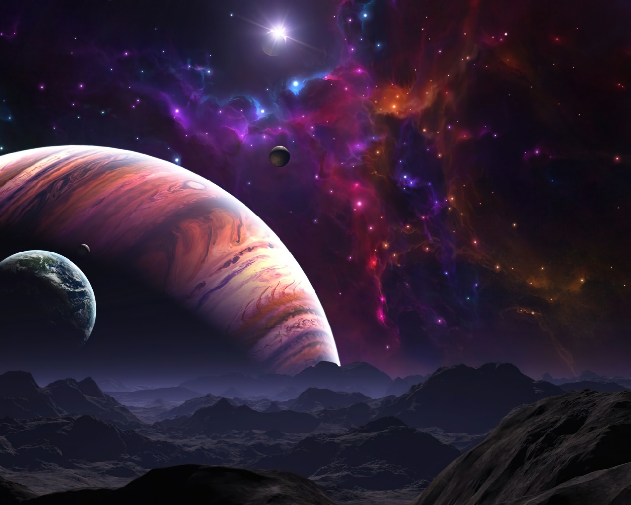 Вид на планеты и звездную туманность в космосе