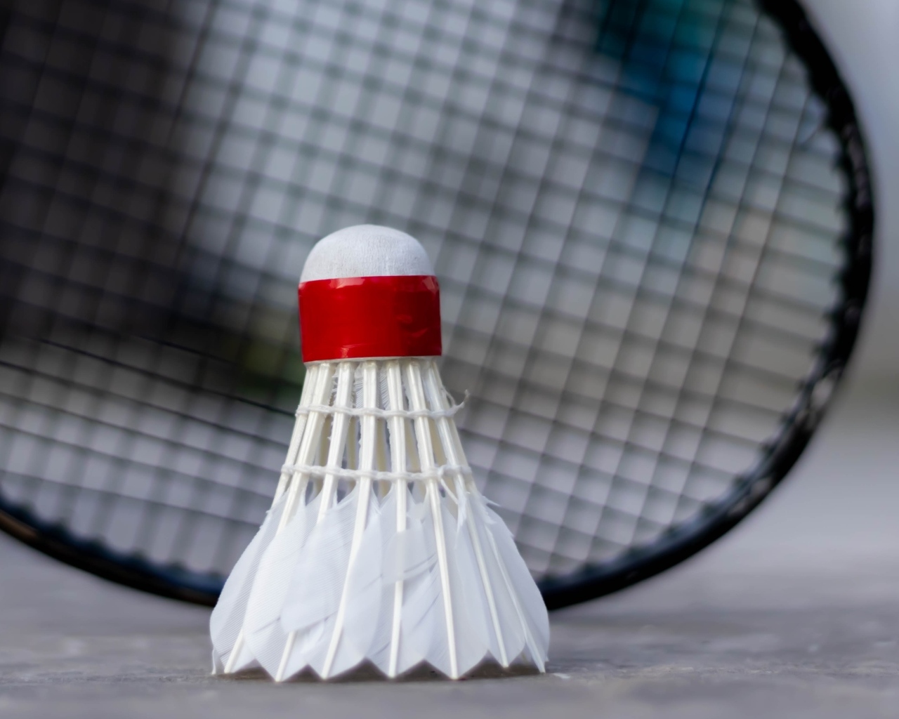 Белый воланчик и ракетка для игры в бадминтон