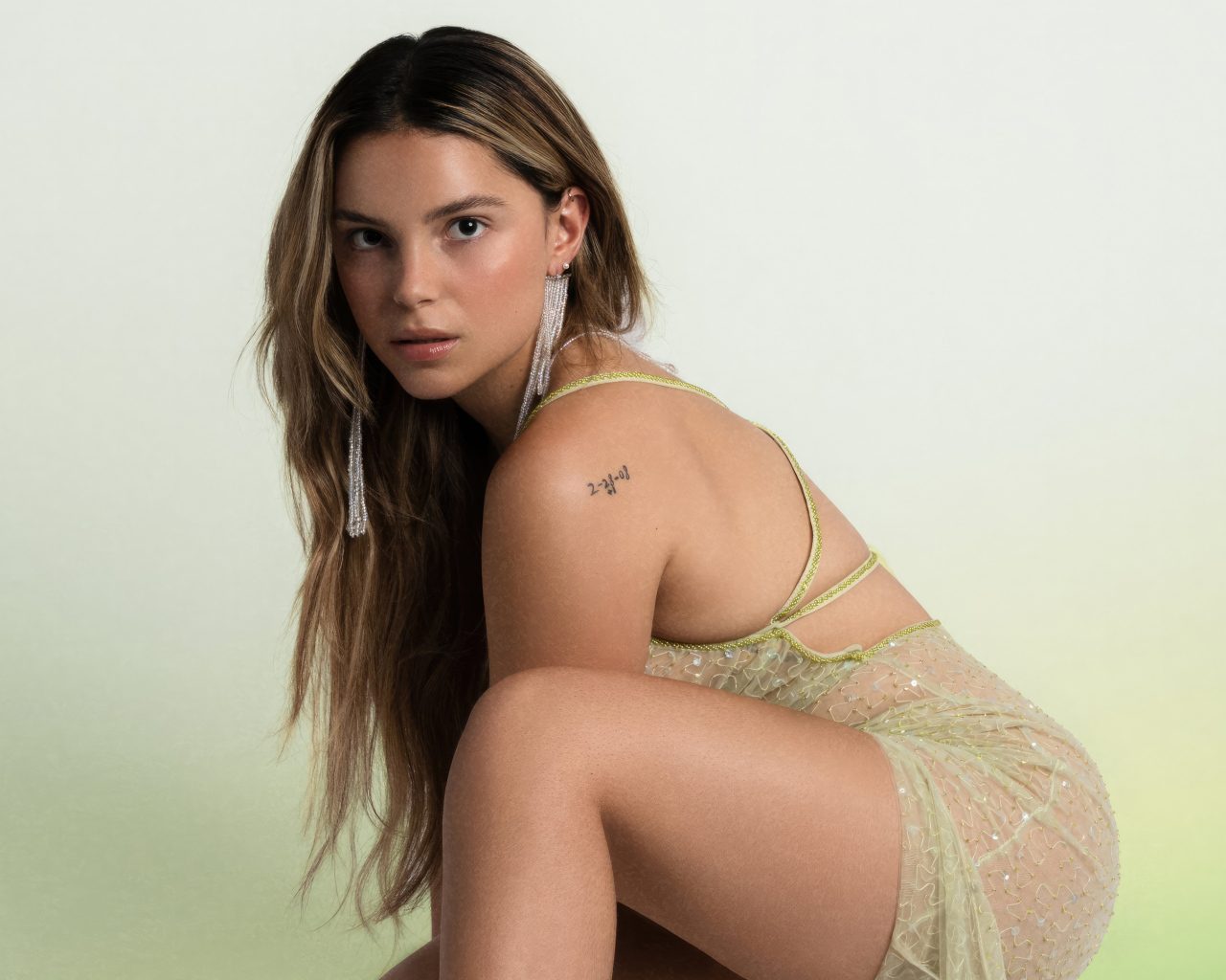 Американская актриса Инде Наварретт на белом фоне