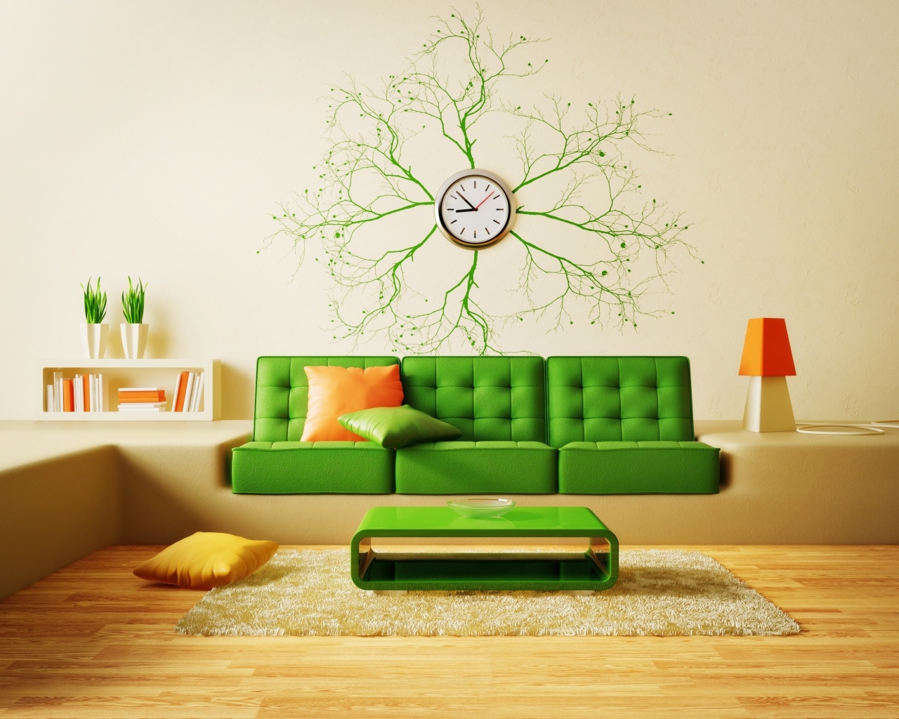 Зеленый диван в комнате с часами