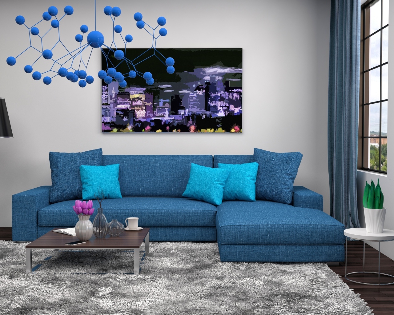 Большой синий диван в комнате в стиле модерн