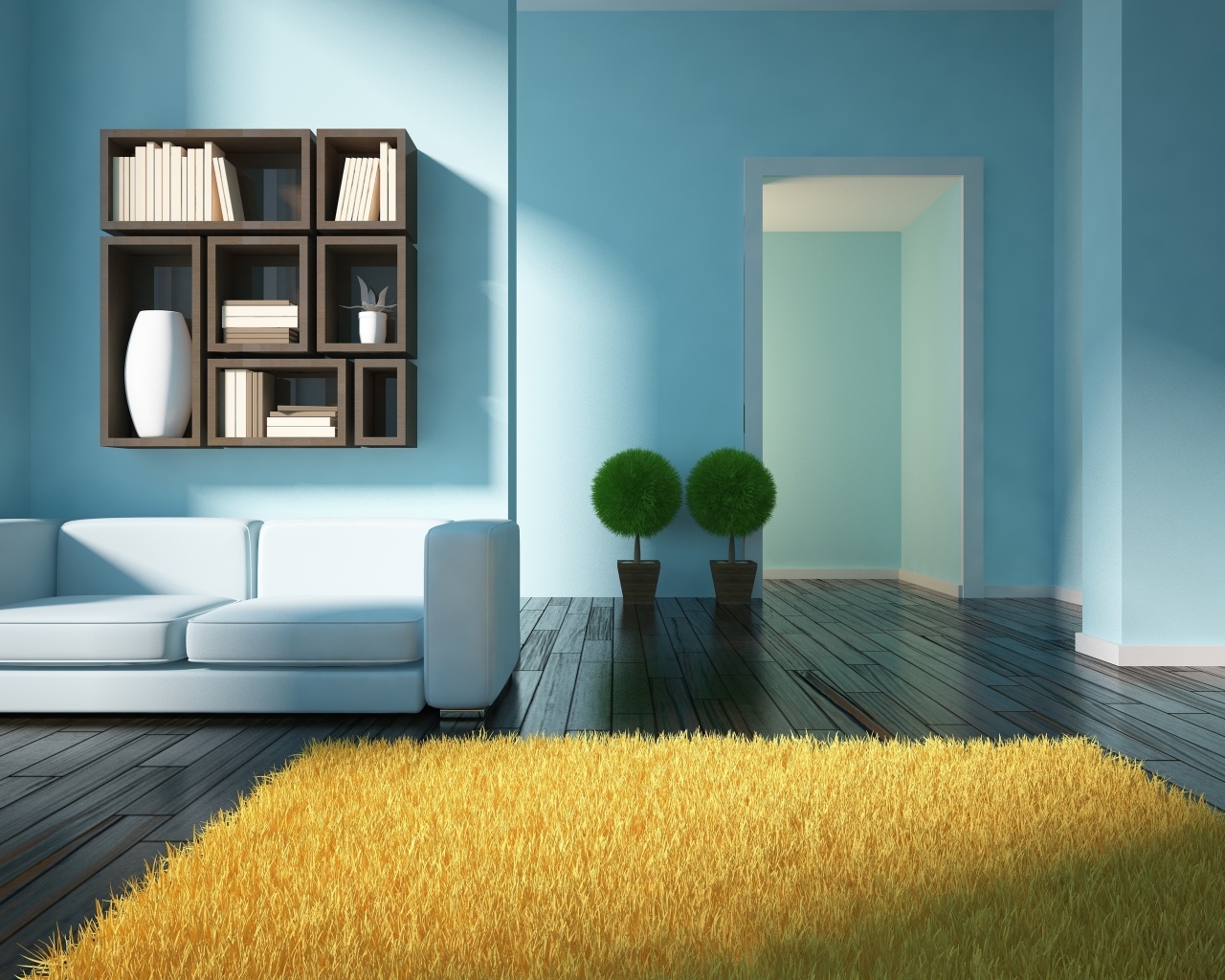 Минималистический интерьер в комнате с голубыми стенами